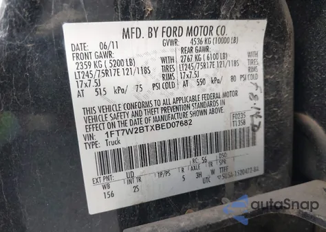 2011 Ford F-250 Xlt из США, поврежденный, VIN 1FT7W2BTXBED07682